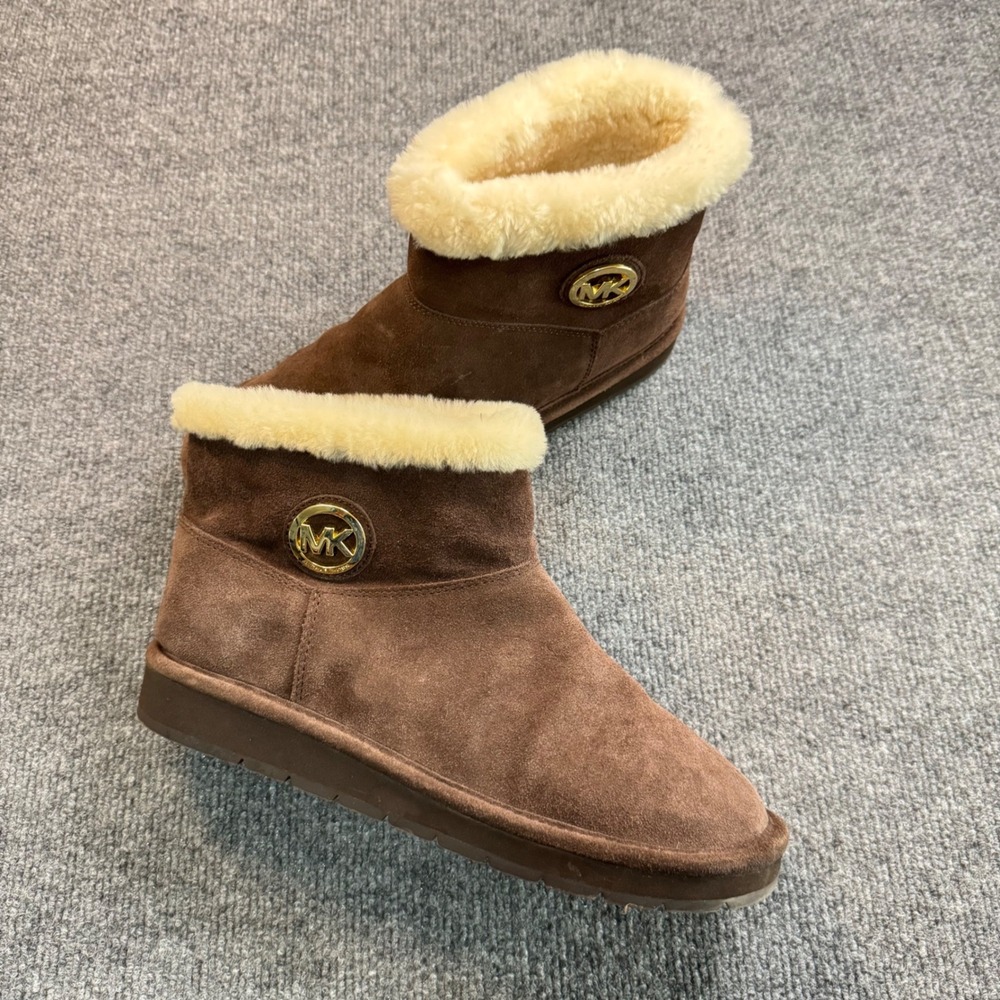 Michael Kors Womens Brown Suede Fur Lined MK Logo Ankle Boots Size 10M